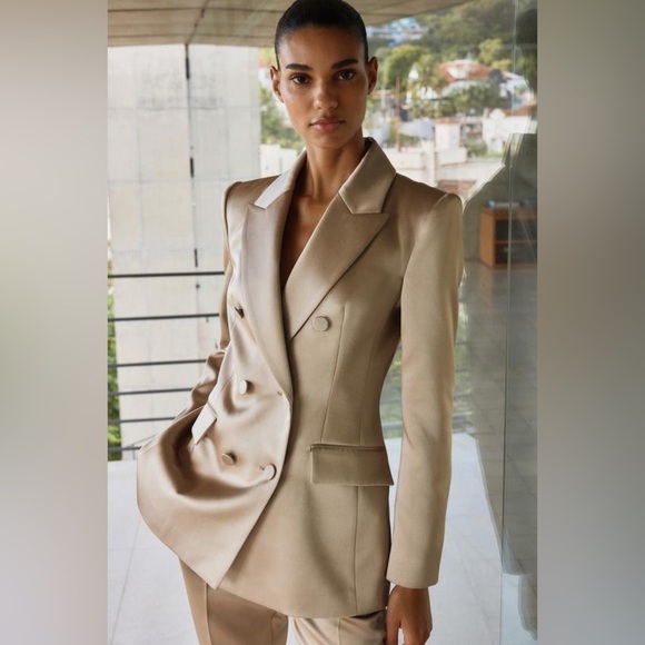 Zara Double Breasted Satin Effect Cream Tan Mink Blazer Suit Jacket Bridal - Picture 17 of 17